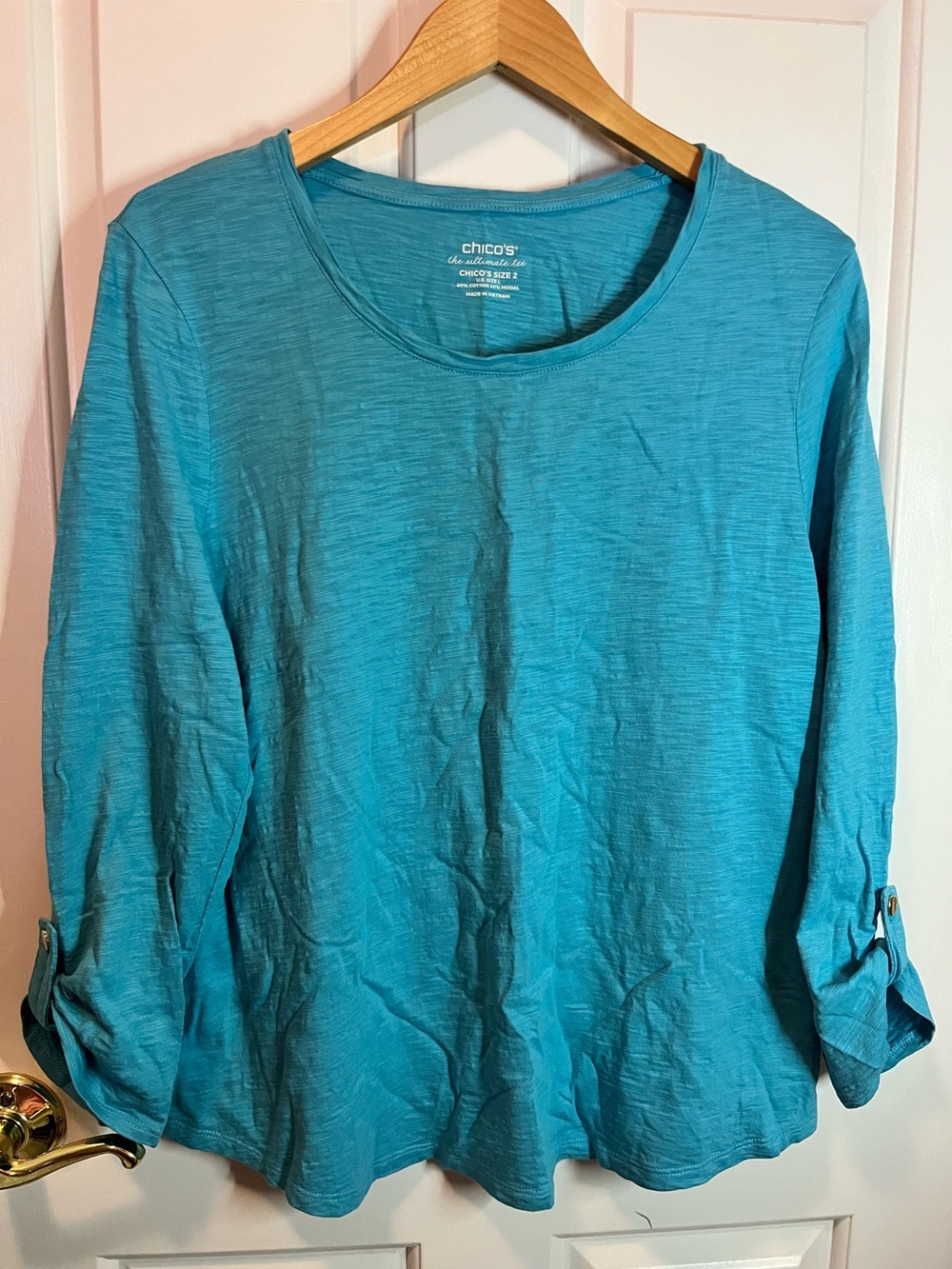 Chico's Turquoise Cotton Slub 3/4 Tab Sleeve Crew Neck Top Sz L (2)
